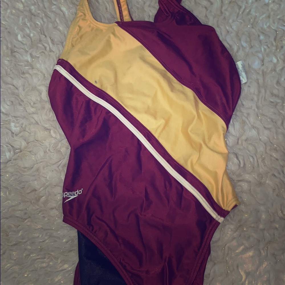 Maroon and Gold sports Speedo swimsuit